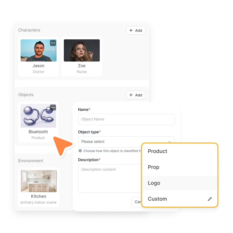 Generate or add reusable objects in the AI Storyboard Generator including product images, screenshots, icons, and logo assets for scene consistency